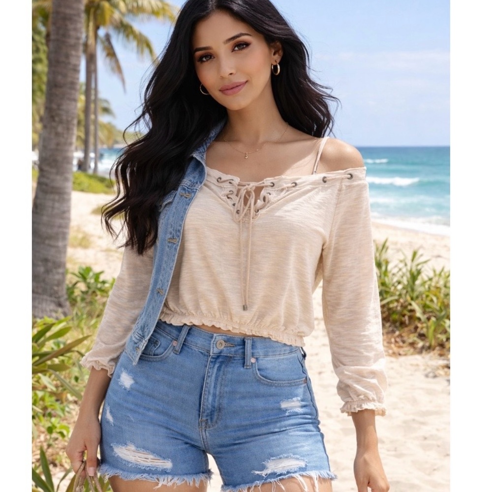 Rio women pleasant style top lace up neckline light pink peach sz  small